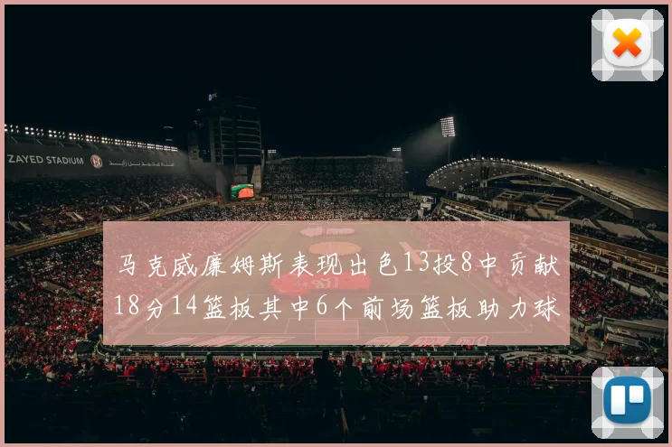 马克威廉姆斯表现出色13投8中贡献18分14篮板其中6个前场篮板助力球队